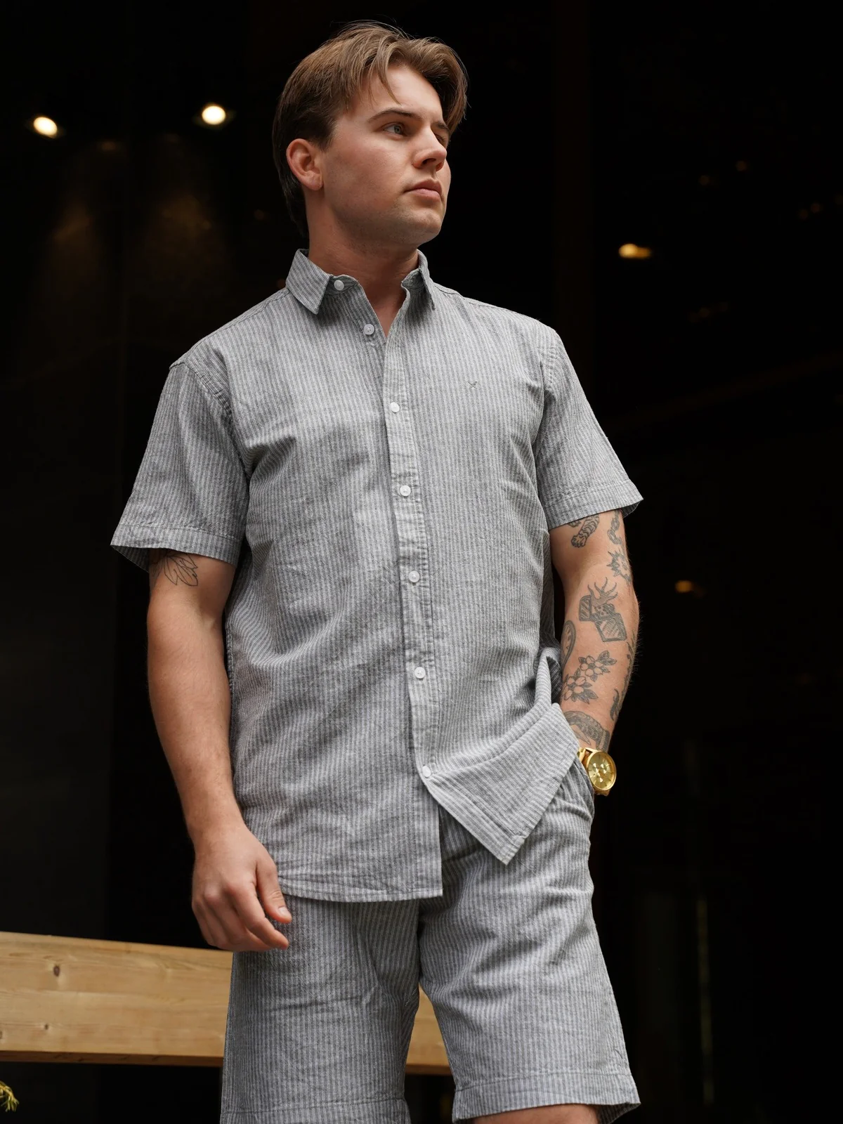 Luca striped skjorte kortermet - army/white