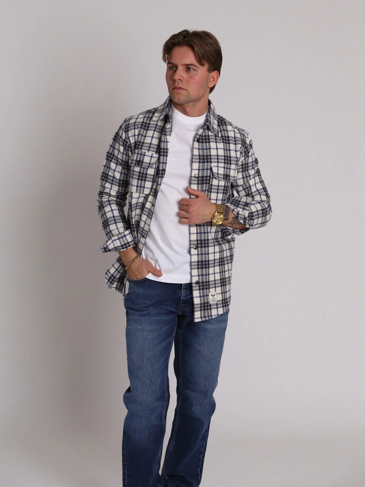 Adrian cotton check overshirt - ecru/dark navy - Image 2