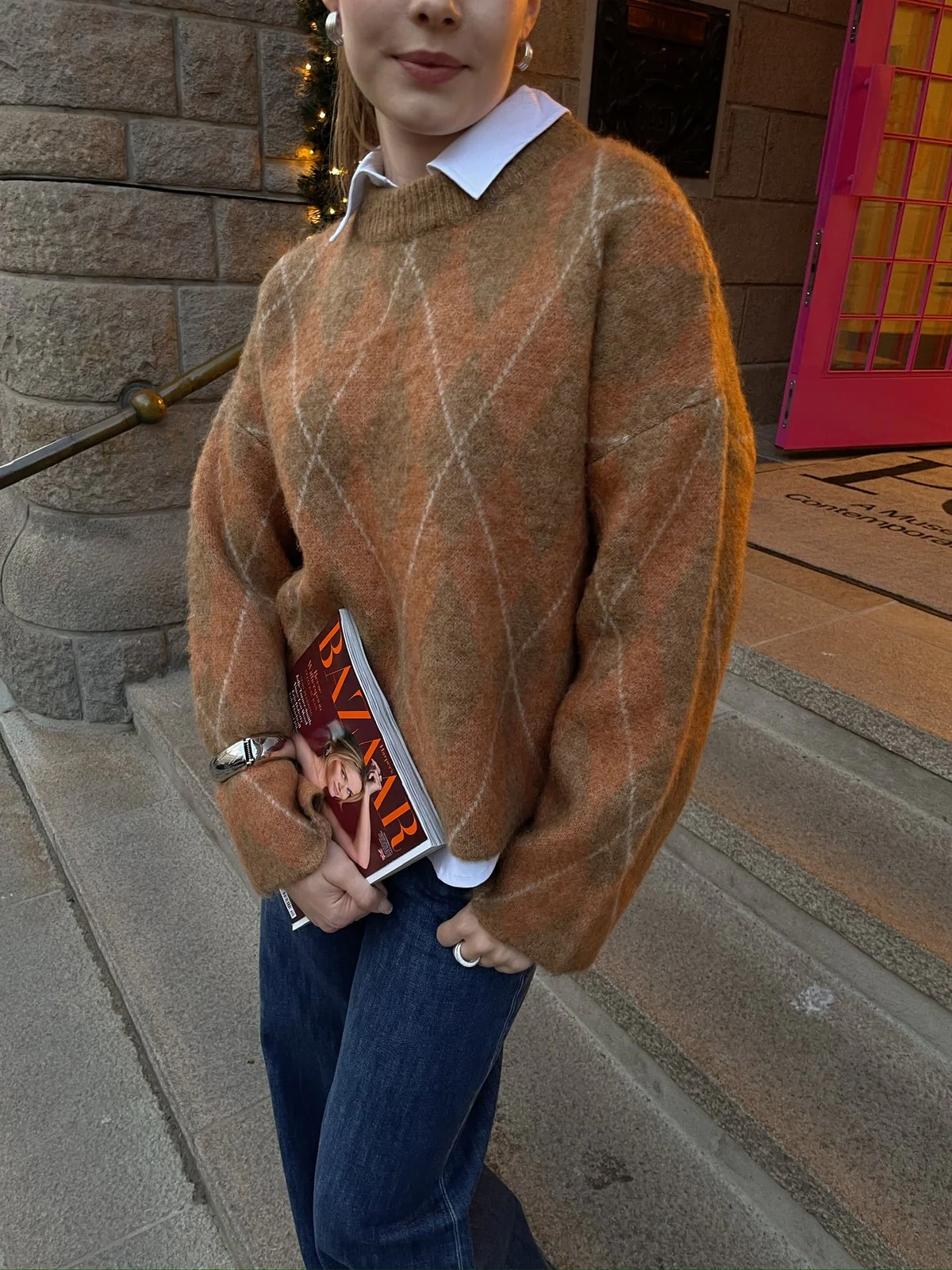 Lulu brushed argyle knit genser - golden brown - Image 2