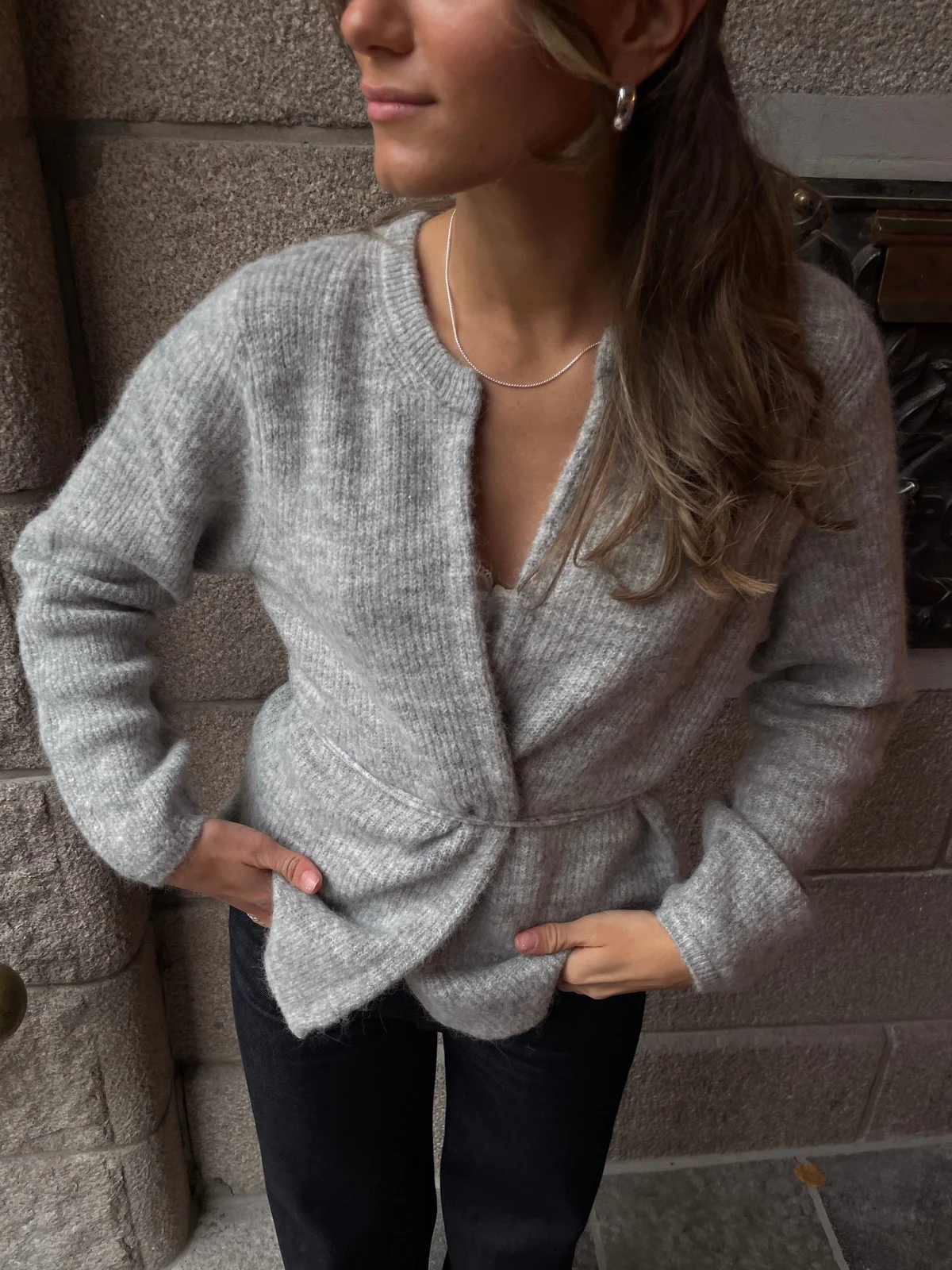 Sia knit belt cardigan - light grey melange - Image 2