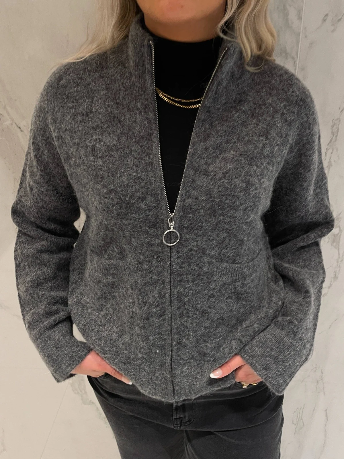 Sia knit zipper cardigan - medium grey melange - Image 2