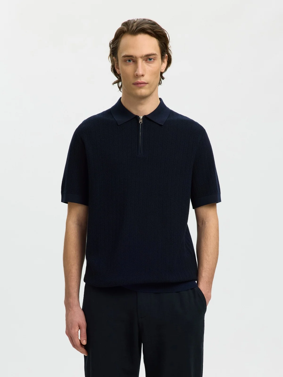 Crane knit structure polo t-skjorte - navy blazer - Image 2
