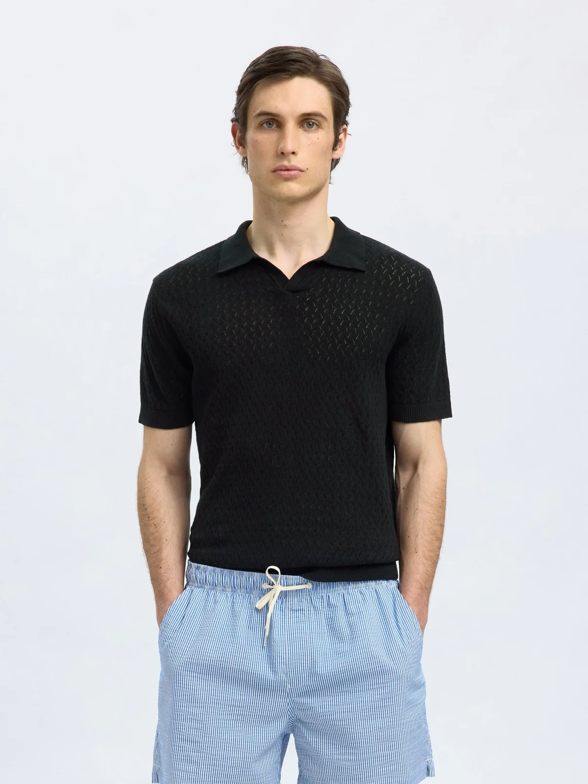 Lino knit crochet open polo skjorte - black - Image 2