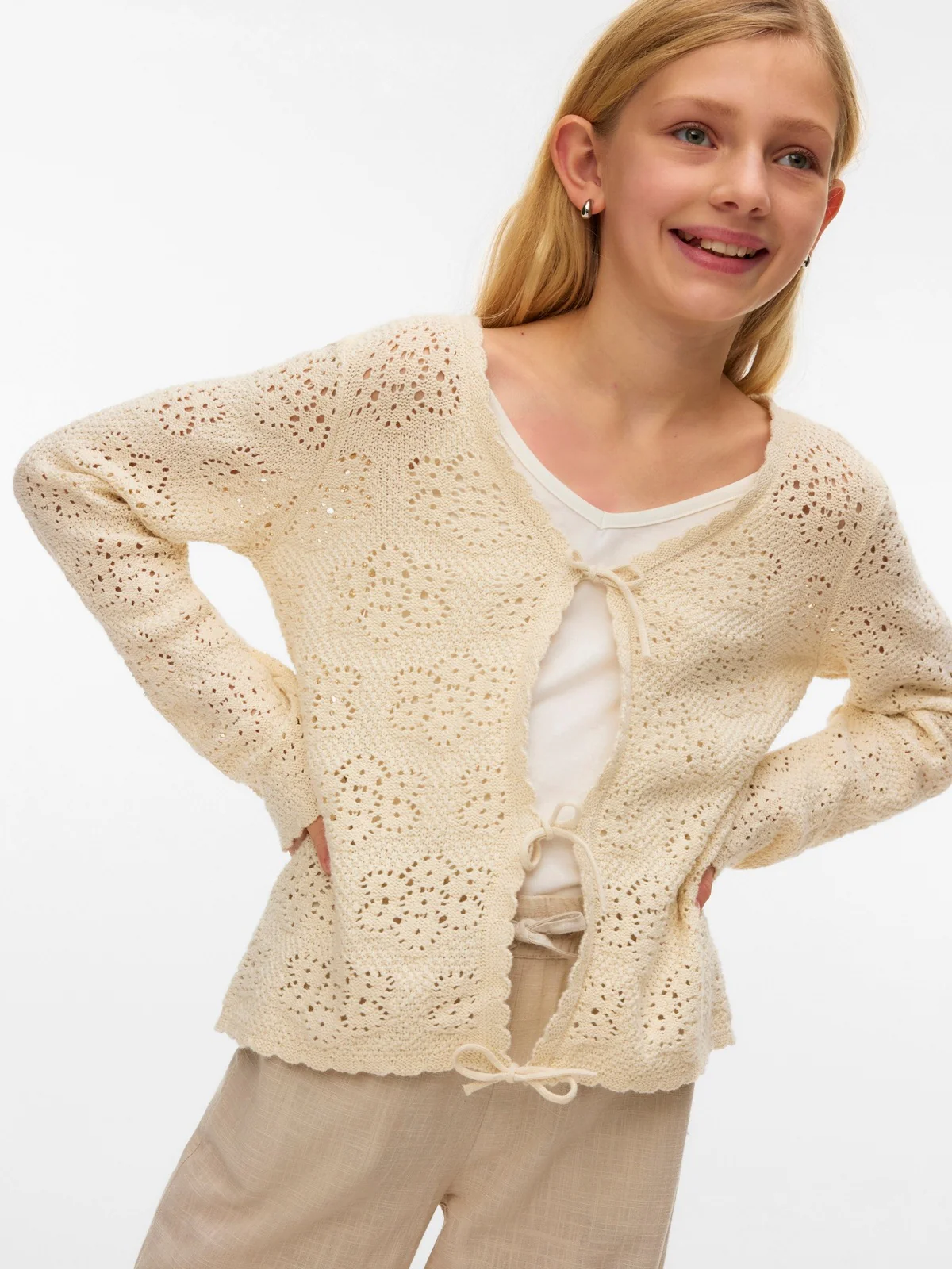 AVA V NECK TIE STRING CARDIGAN - Birch